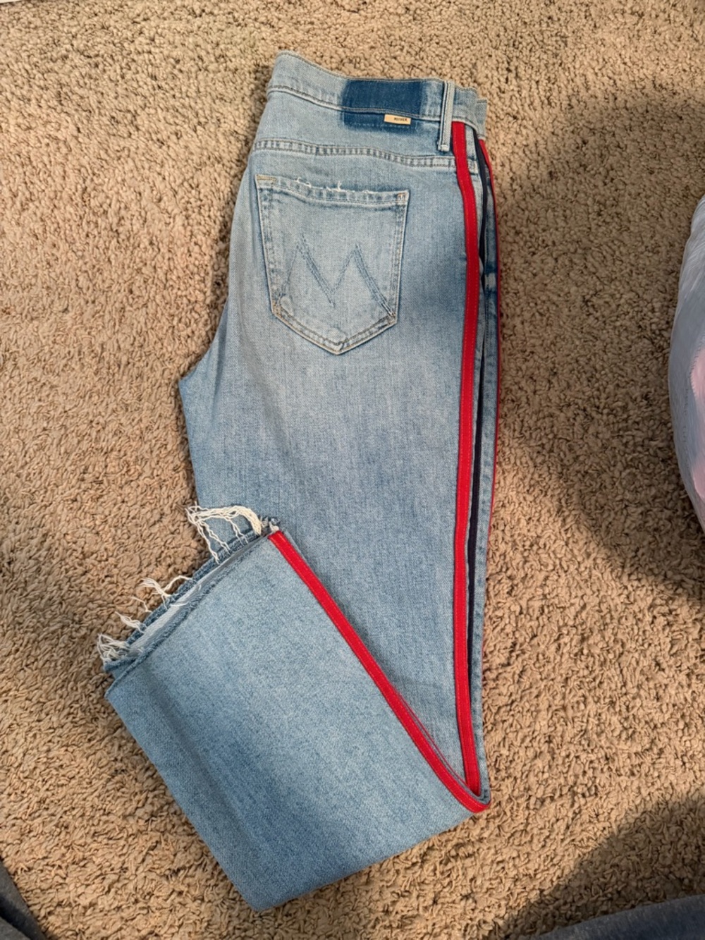 MOTHER Light Blue Straight-Leg Jeans with Red Side Stripe